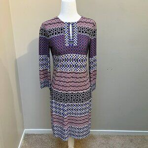 Dm Collection Purple Print Knee Length 3/4 Sleeve Tunic Dress Size 2 EUC
